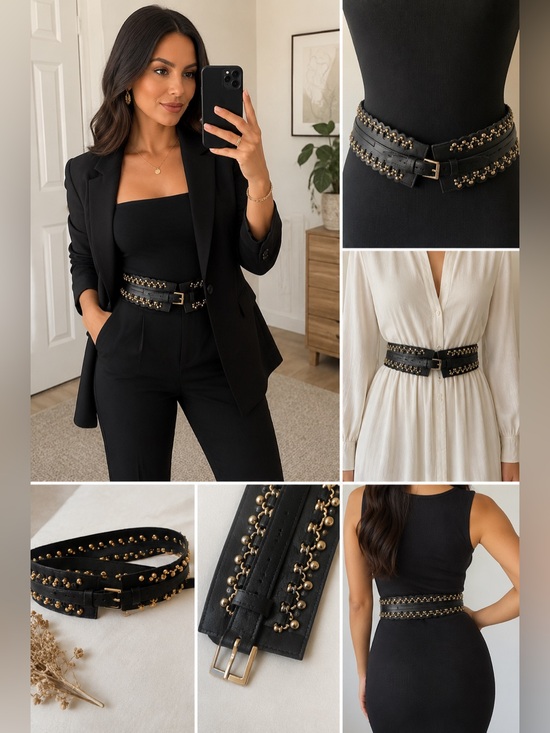 Accessories - Black & Gold Studded Chain Waist Belt | Adjustable Dress Belt | Never Worn
